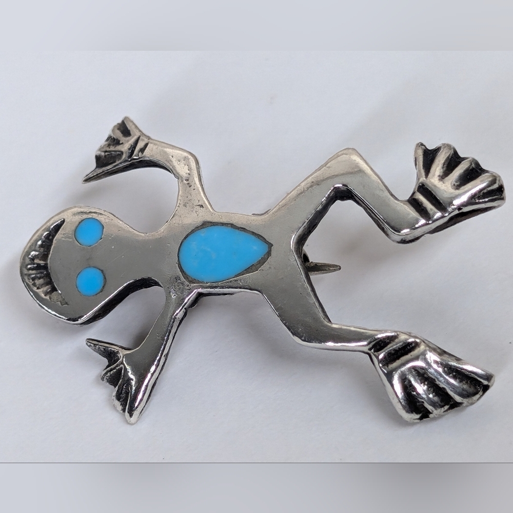 Vintage Sterling Silver Turquoise Inlay Frog Pin - Picture 2 of 3